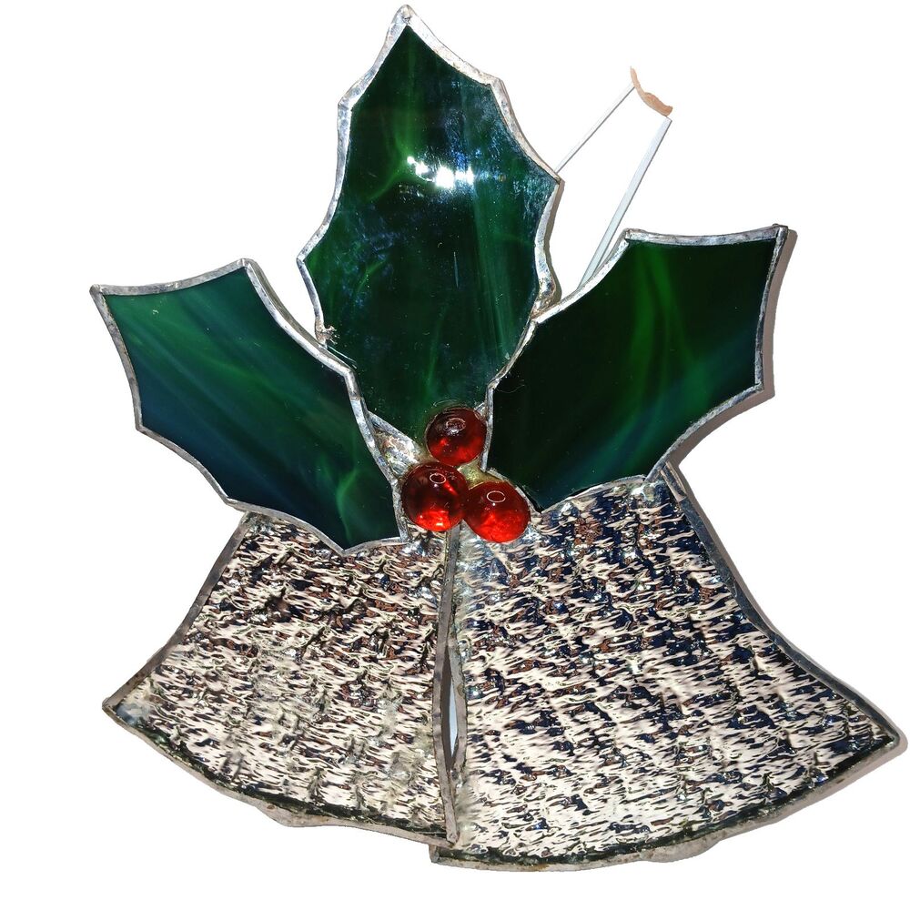 Stained Glass Christmas Bells Sun Catcher Foiled Glass Red Green Silver 7x6.5 in